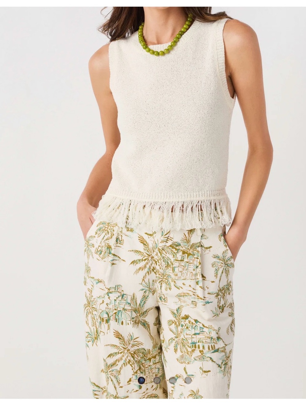 Forte Cream Woven Knit Tank Top Fringe Hem Sleeveless Day To Night Top SZ L